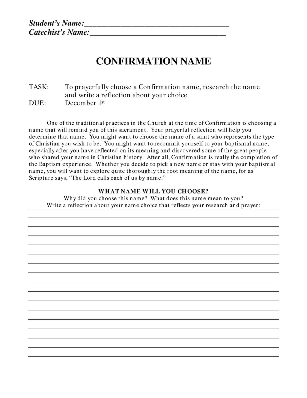 Confirmation Name Worksheet St. Margaret of Scotland R.C. Church